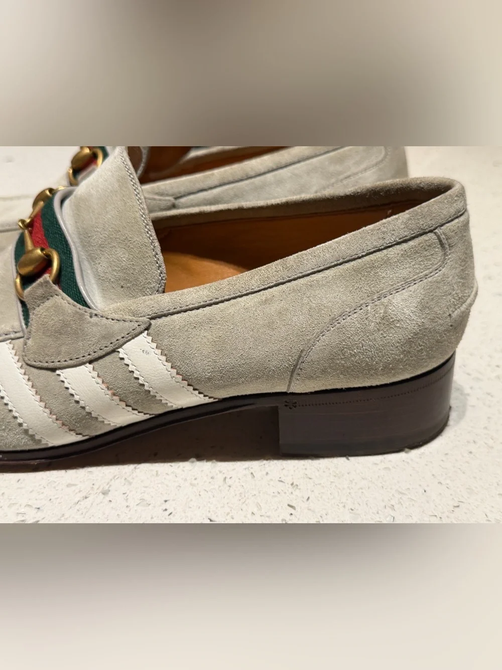 Gucci Men's Suede Horsebit Loafers in Light Gray with Green-Red Web